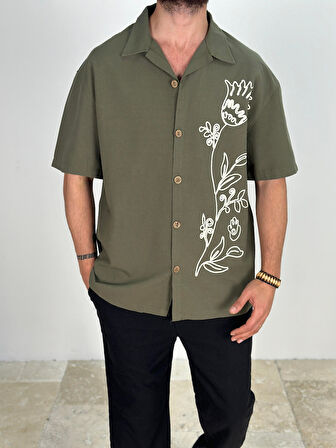 Haki Çiçek İşlemeli Gömlek COC2138