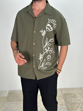 Haki Çiçek İşlemeli Gömlek COC2138
