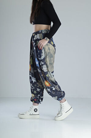 Gezegen Detaylı Pileli Bürümcük Kumaş Yarım Şalvar COC2102