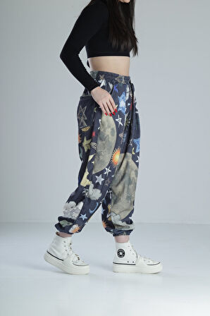 Gezegen Detaylı Pileli Bürümcük Kumaş Yarım Şalvar COC2102