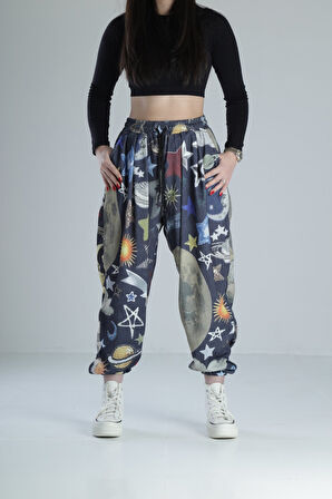 Gezegen Detaylı Pileli Bürümcük Kumaş Yarım Şalvar COC2102