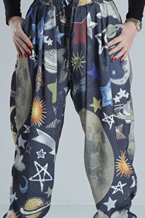 Gezegen Detaylı Pileli Bürümcük Kumaş Yarım Şalvar COC2102