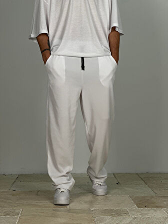 Fitilli Kumaş Beyaz Baggy Pantolon COC2286