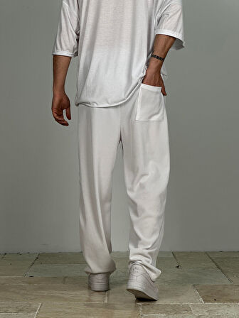 Fitilli Kumaş Beyaz Baggy Pantolon COC2286
