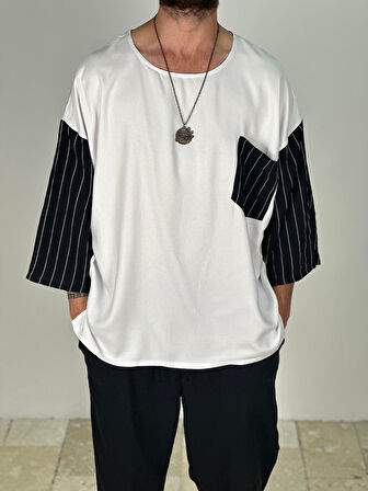 Fakir Kol Viscon Siyah Beyaz Oversize T-Shirt COC2279