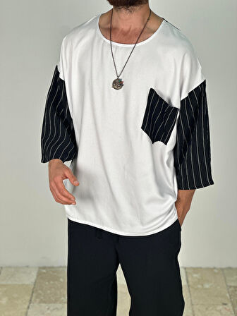 Fakir Kol Viscon Siyah Beyaz Oversize T-Shirt COC2279