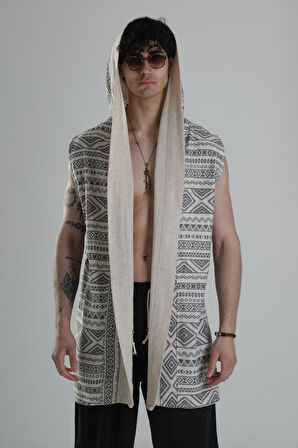 Etnik Desenli Kapüşonlu Panço COC2237