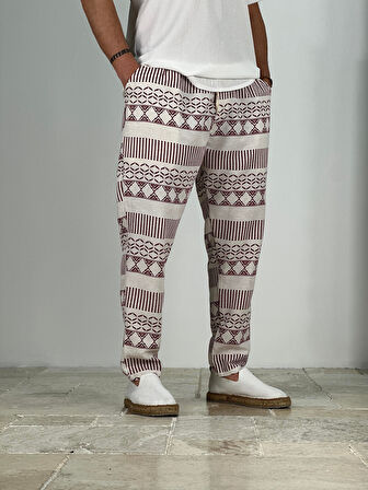 Etnik Desenli Bordo Keten Pantolon COC2228