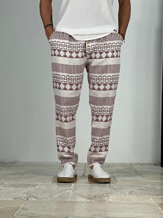 Etnik Desenli Bordo Keten Pantolon COC2228