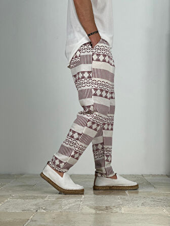 Etnik Desenli Bordo Keten Pantolon COC2228