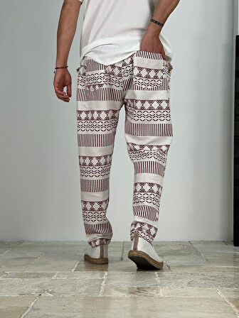 Etnik Desenli Bordo Keten Pantolon COC2228