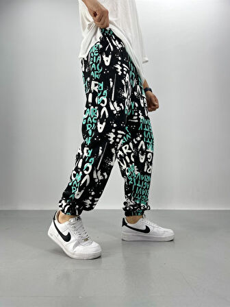 Erkek Turkuaz-Siyah Renkli Grafiti Jogger COC2210