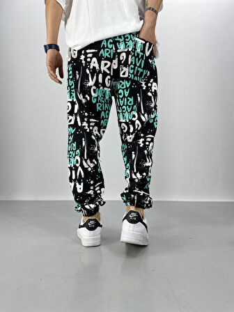 Erkek Turkuaz-Siyah Renkli Grafiti Jogger COC2210