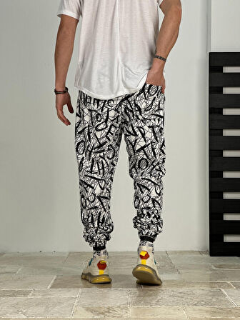 Erkek Beyaz-Siyah Renkli Grafiti Jogger COC2383