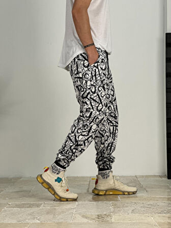 Erkek Beyaz-Siyah Renkli Grafiti Jogger COC2383