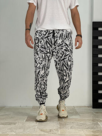 Erkek Beyaz-Siyah Renkli Grafiti Jogger COC2383