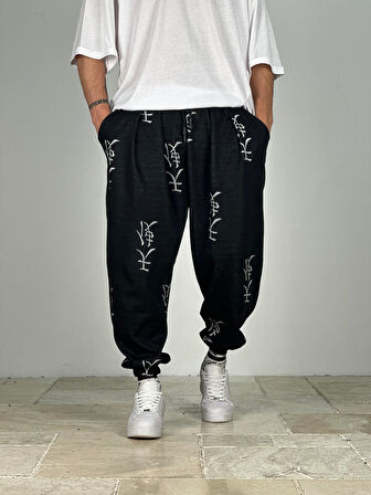 Chinese Desenli Jakarlı Pileli Siyah Yarım Şalvar COC2316