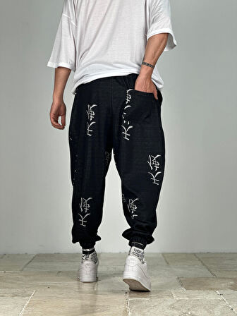 Chinese Desenli Jakarlı Pileli Siyah Yarım Şalvar COC2316