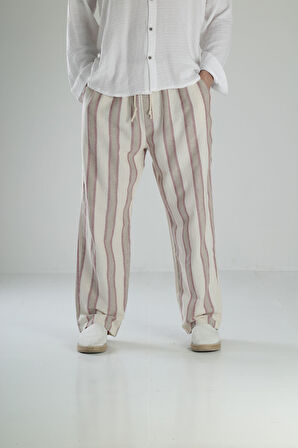 Bordo Çizgili Keten Pantolon COC2453