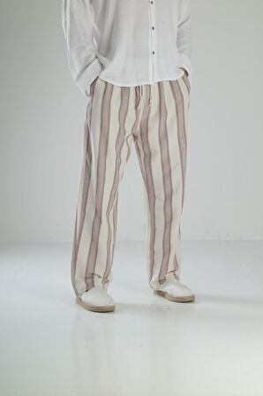 Bordo Çizgili Keten Pantolon COC2453