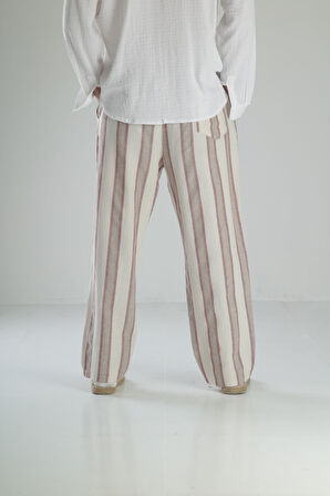 Bordo Çizgili Keten Pantolon COC2453
