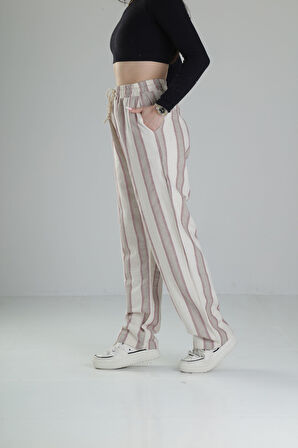 Bol Kalıp Bordo Çizgi Keten Pantolon COC2446