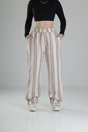 Bol Kalıp Bordo Çizgi Keten Pantolon COC2446