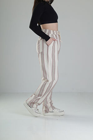 Bol Kalıp Bordo Çizgi Keten Pantolon COC2446