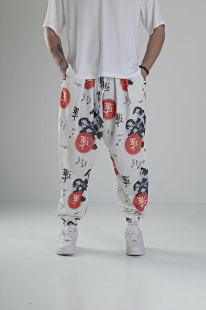 Beyaz Chinese Yazılı Pileli Yarım Şalvar COC2431