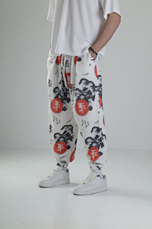 Beyaz Chinese Yazılı Pileli Yarım Şalvar COC2431