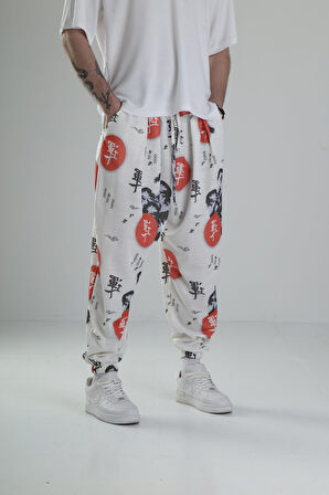 Beyaz Chinese Yazılı Pileli Yarım Şalvar COC2431