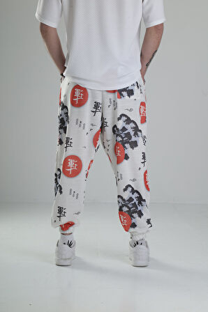 Beyaz Chinese Yazılı Pileli Yarım Şalvar COC2431