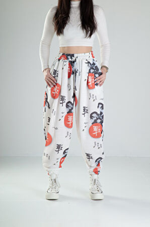 Beyaz Chinese Desenli Yarım Şalvar COC2430