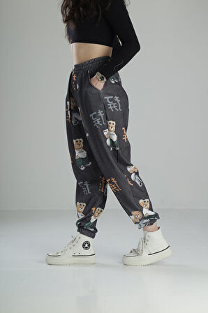 Ayıcık Desenli Rahat Kesim Bürümcük Jogger Pantolon COC2416