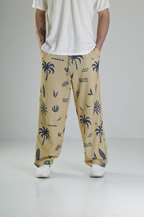 Ağaç Desenli Sarı Baggy Pantolon COC2516