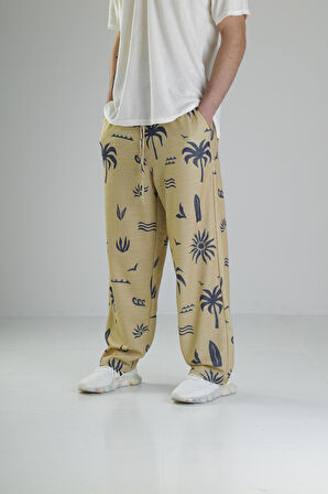 Ağaç Desenli Sarı Baggy Pantolon COC2516