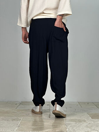 Aerobin - Keten Kumaş Siyah Pileli Pantolon COC2505