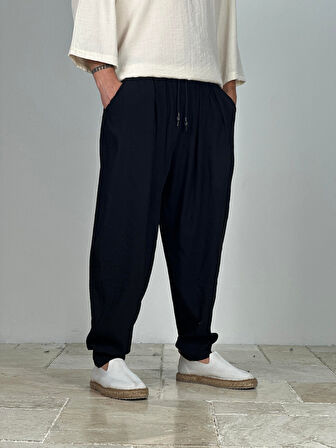 Aerobin - Keten Kumaş Siyah Pileli Pantolon COC2505