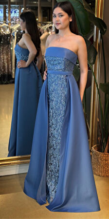 İndigo Straplez Yaka Çıkarılabilir Kuyruklu Düz Kesim Simli Uzun Abiye Elbise 7699