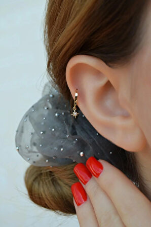 Mini İnci Detaylı Kuzey Yıldızı Charm Halka Piercing – Gold | Tragus, Helix, Kıkırdak Uyumlu | Tekli