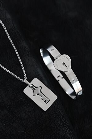 Anahtarlı Kelepçe Çelik Kolye ve Kalpli Paslanmaz Çelik Bileklik Seti - BJ-BB2691