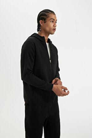 DeFactoFit Slim Fit Dar Kesim Kapüşonlu Skuba Dalgıç Kumaş Fermuarlı Sporcu Sweatshirt A6956AX24AUBK81