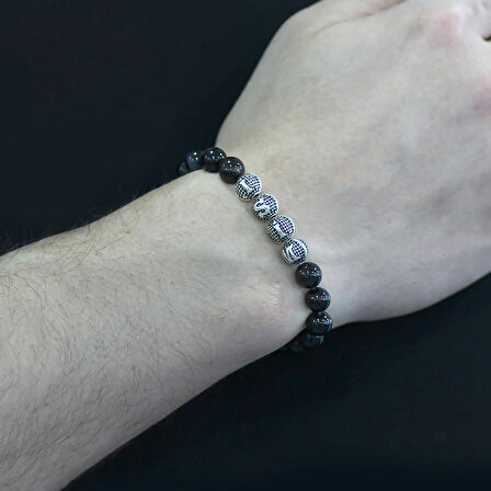 Süleyman Akik Metal Kombinli Kişiye Özel İsim Yazılı Küre Kesim Doğaltaş Bileklik