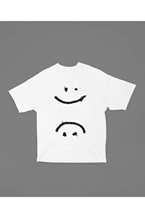 Unisex Smiley Baskılı Tişört, Oversize Gülen Yüz Tişört