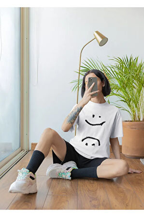 Unisex Smiley Baskılı Tişört, Oversize Gülen Yüz Tişört