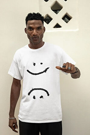 Unisex Smiley Baskılı Tişört, Oversize Gülen Yüz Tişört