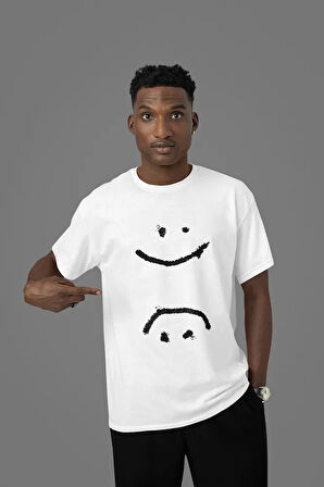 Unisex Smiley Baskılı Tişört, Oversize Gülen Yüz Tişört