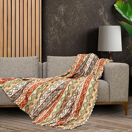 SoftMicro Etnik Desenli Boho 130x180 cm Koltuk Örtüsü Şalı, Kanepe Örtüsü, Tv Battaniyesi Doğal Renk