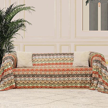 SoftMicro Etnik Desenli Boho 180x220 cm  Koltuk Örtüsü Şalı, Kanepe Örtüsü, Tv Battaniyesi Doğal Renk