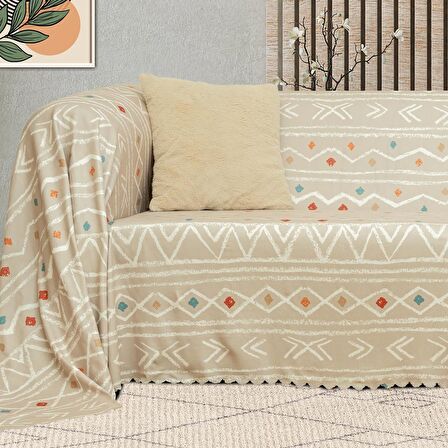 SoftMicro Etnik Desenli Boho 180x220 cm Koltuk Örtüsü Şalı, Kanepe Örtüsü, Tv Battaniyesi Camel